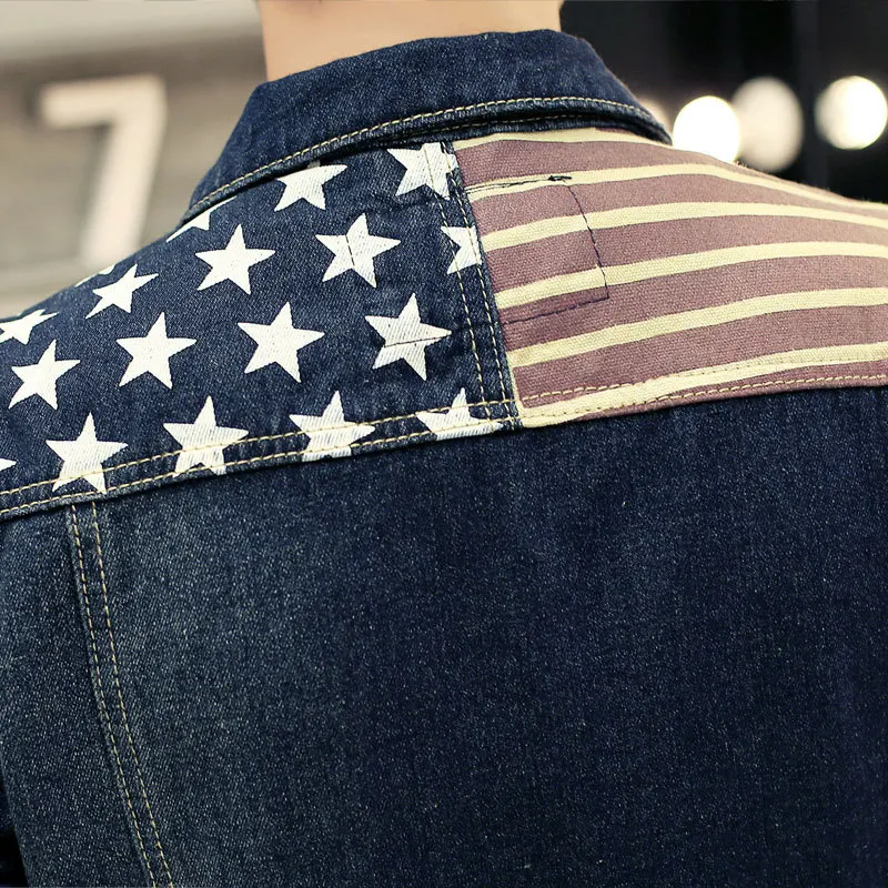 2017 мужские джинсовые куртки с рисунком флага Дизайн бренд Повседневное