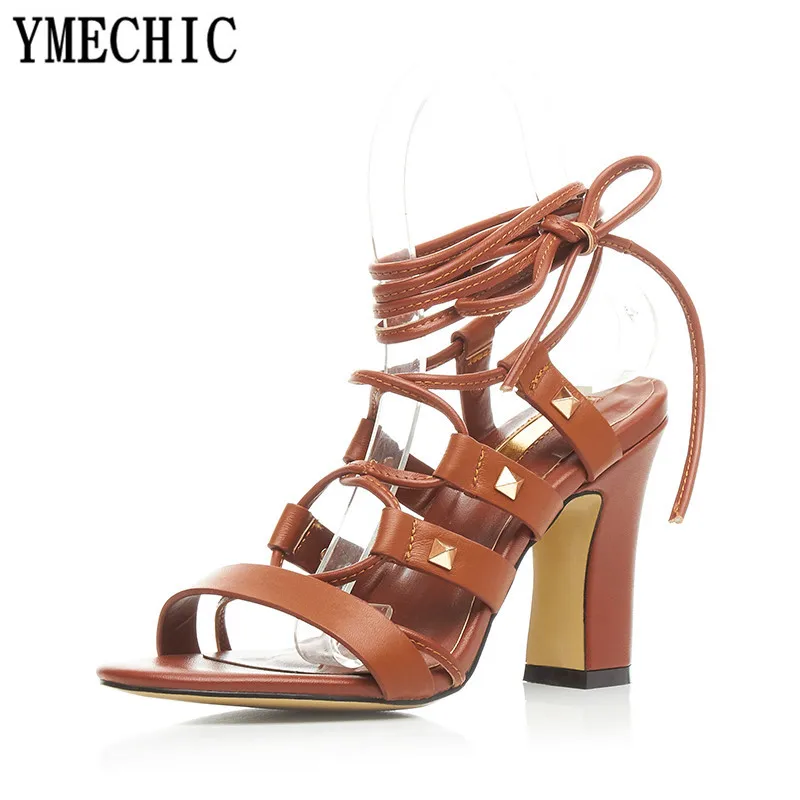 Женские босоножки гладиаторы YMECHIC коричневые черные из натуральной кожи с