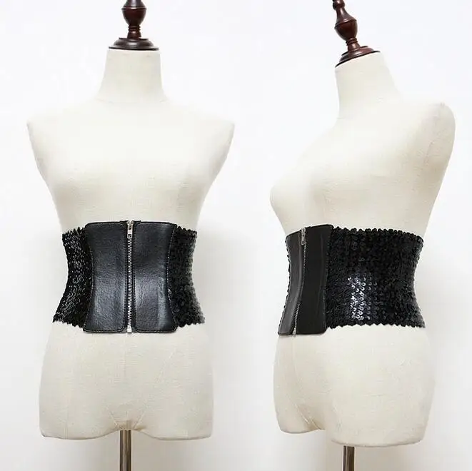 Fashion Women Sequined metal elastic wide waist girdle Leather Belt For Women Wide Waist Belts Casual luxury Belts