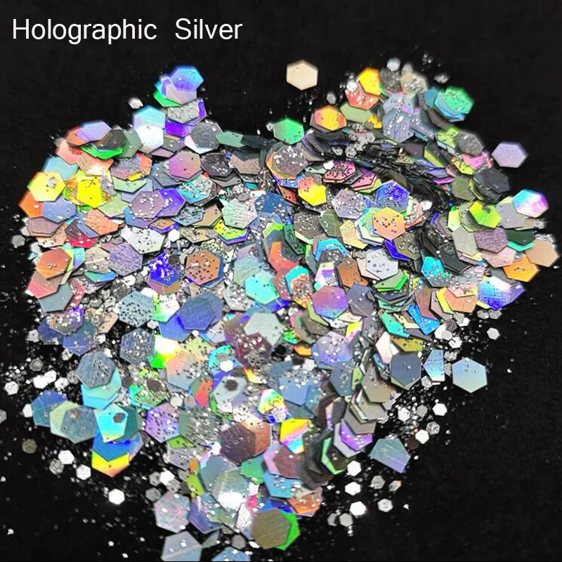 Holographic Silver Голографические Блестки для ногтей, чешуйки, переливающиеся блестки, сделай сам, для макияжа лица и глаз, для волос на теле, для фестиваля, массивные блестящие украшения для ногтей - Цвет: Holographic Silver