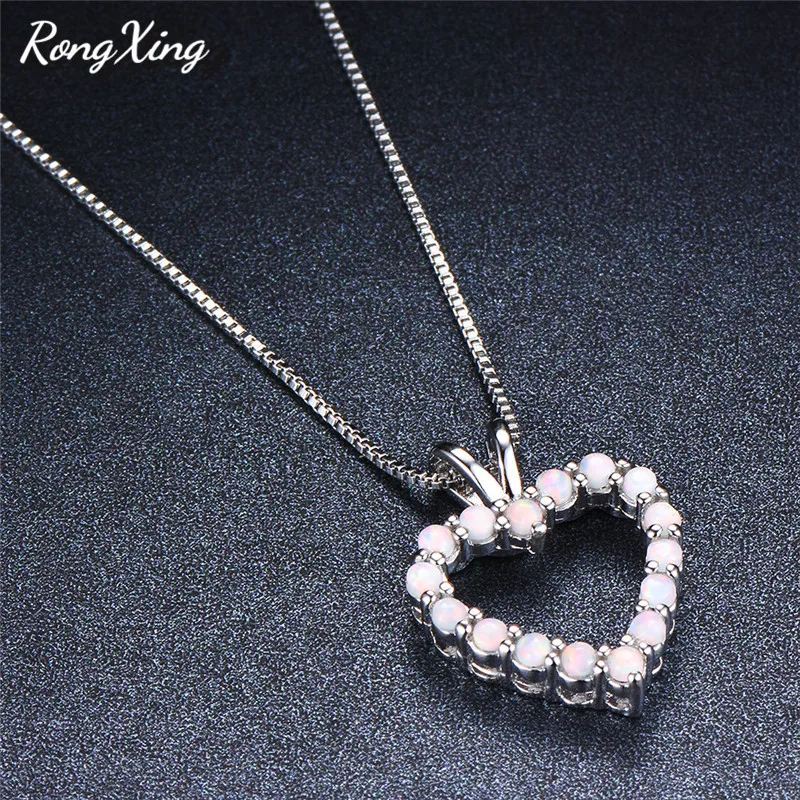 RongXing Fashion Full Stone Heart Pendants White Fire Opal Birthstone Necklaces For Women Silver Color Choker Jewelry New | Украшения и
