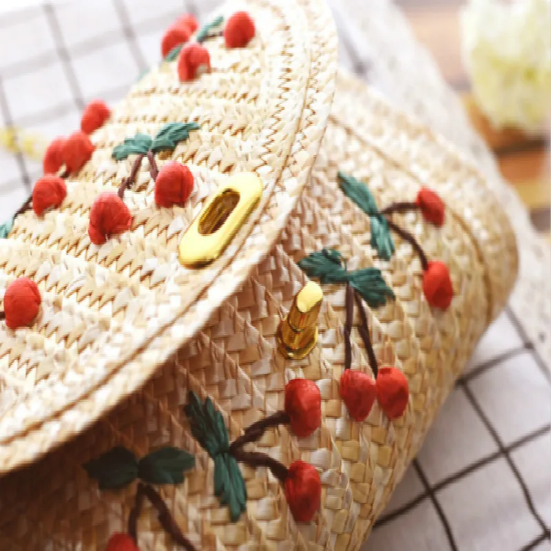 Handmade Natural Straw Weave Cherry Embroidery Totes Quality Vacation Woman Bag Hawaii Holiday Style Lady Lovely Flower Handbag | Багаж и