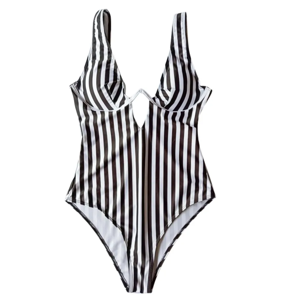 Женские пикантные пляжные Холтер в полоску черный ремень Мягкий Глубокий V