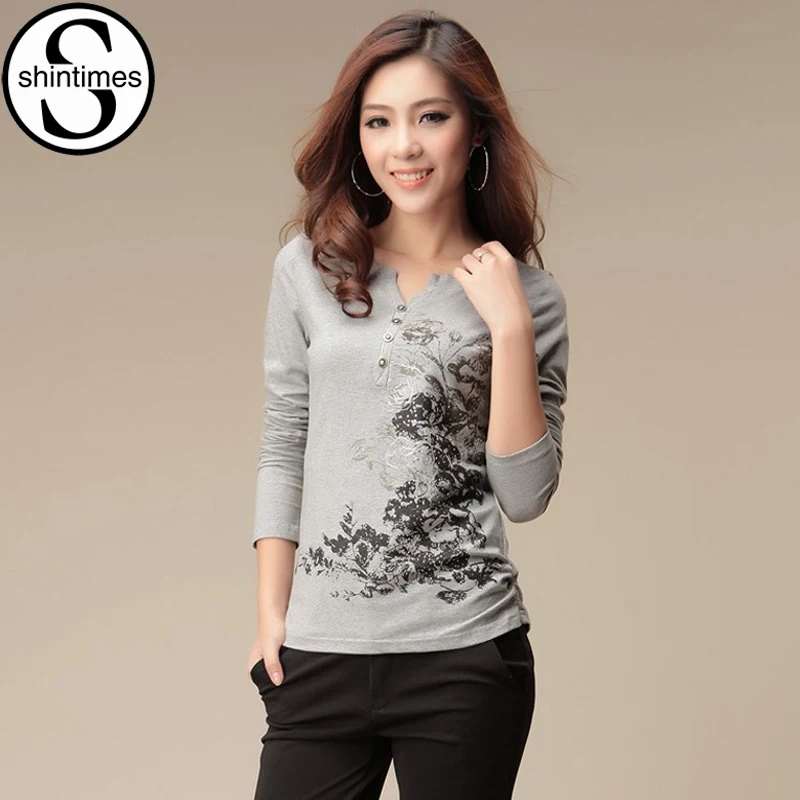 Женская блузка shintimes хлопковая рубашка с принтом длинным рукавом Camisetas Mujer