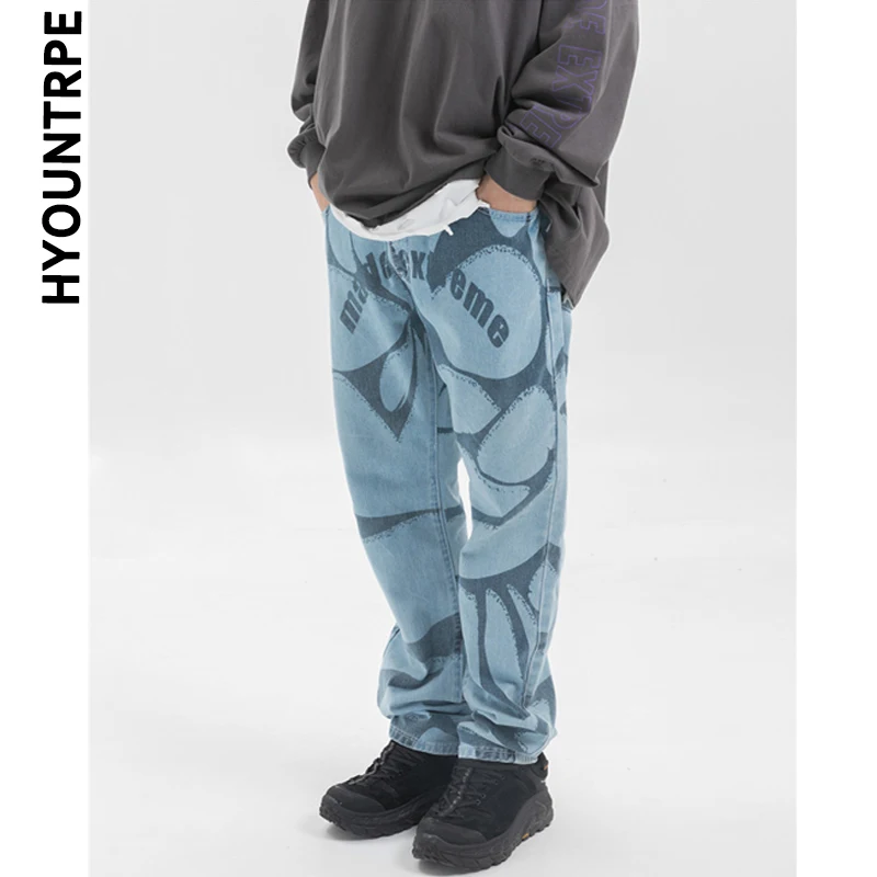 Irregular Geometric Printed Denim Jeans Men Elastic Waist Drewstring Straight Pant Hip Hop Streetwear Autumn Winter Pants Jogger | Мужская