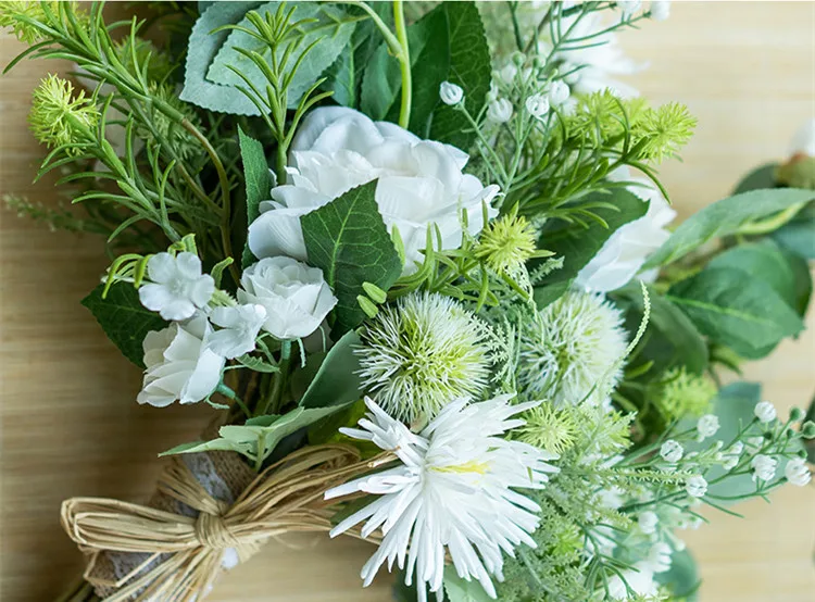 JaneVini Romantic White Bridal Bouquets Artificial Silk Rose Boho Bouquet Green Leaves Bridesmaid Holding Flowers Bouket Wedding | Свадьбы и
