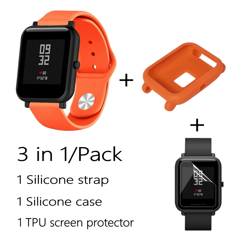 3в1/упаковка силиконовый мягкий ремешок для Xiaomi Huami Amazfit Bip BIT Молодежные часы браслет резиновый Amazfit bip чехол Крышка - Цвет: Orange