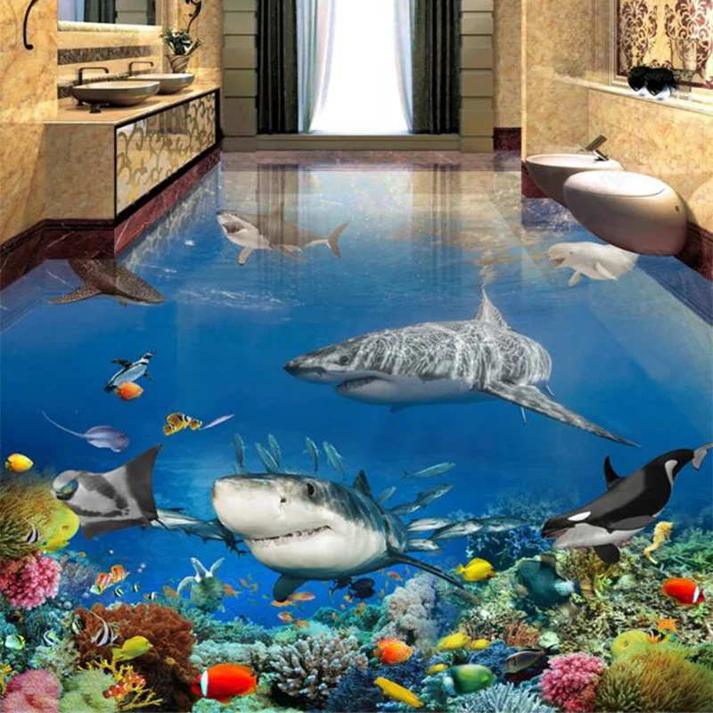 

Custom PVC Self-Adhesive Waterproof Floor Mural Wallpaper 3D Submarine World Shark Animals 3D Stereo Flooring Bathroom Stickers