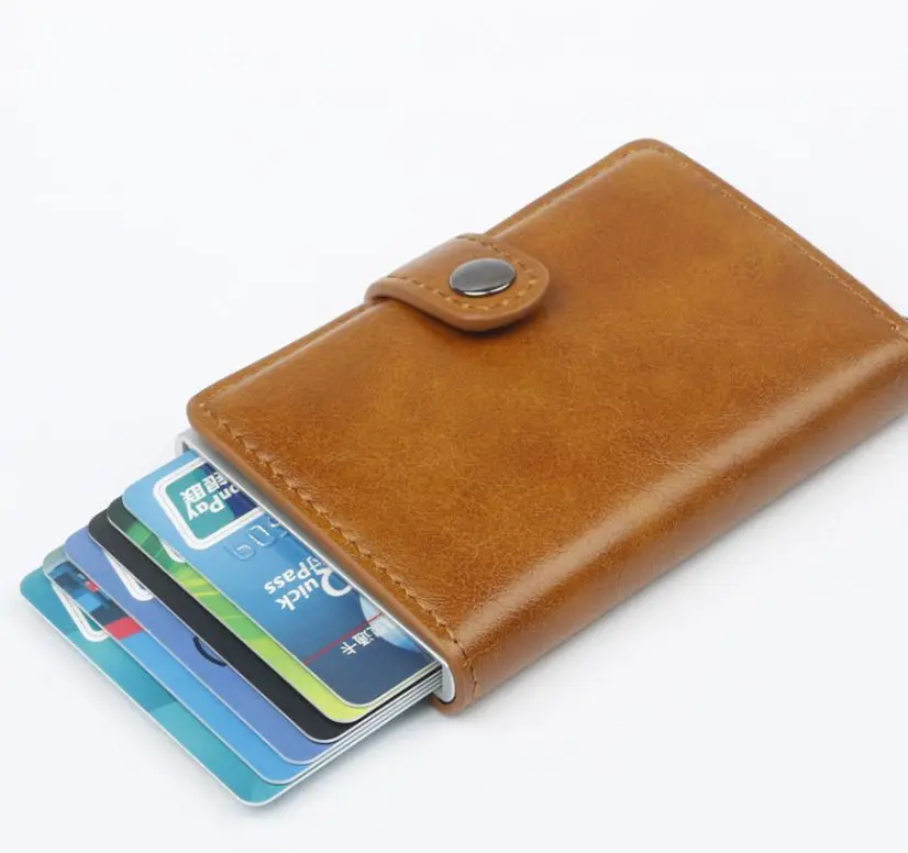 brown 2 Мужской держатель для Карт RFID алюминиевый сплав кредитный держатель для карт НОВЕЙШИЙ МЕТАЛЛИЧЕСКИЙ кожаный бумажник Противоугонный мужской автоматический Чехол для карт - Цвет: brown 2