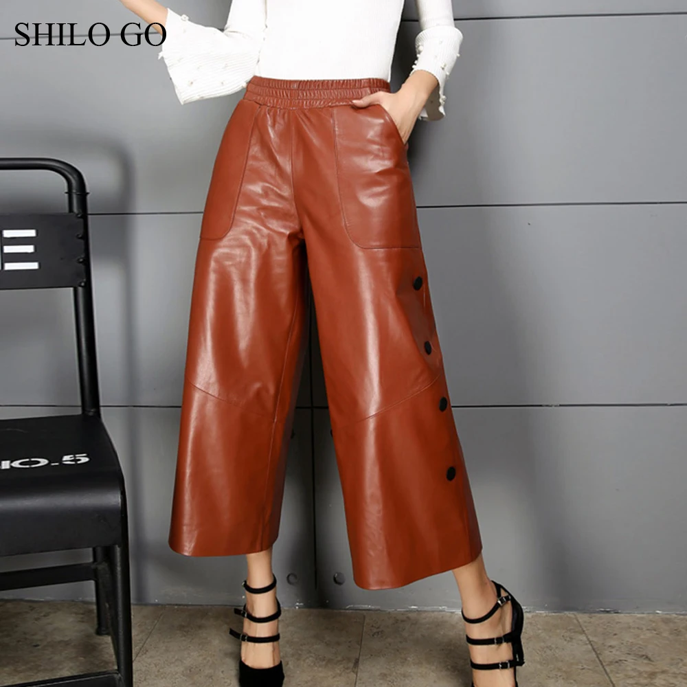 Женские кожаные брюки SHILO GO Винтажные эластичные расклешенные из натуральной
