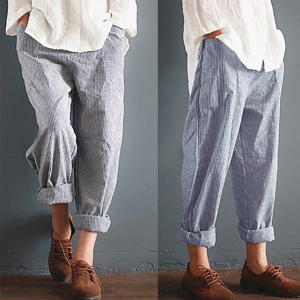 

5XL Big Size Cotton Linen Harem Pants Women Striped Pockets High Waist Cropped Summer Pants Loose Femme Trousers Pantalon Large