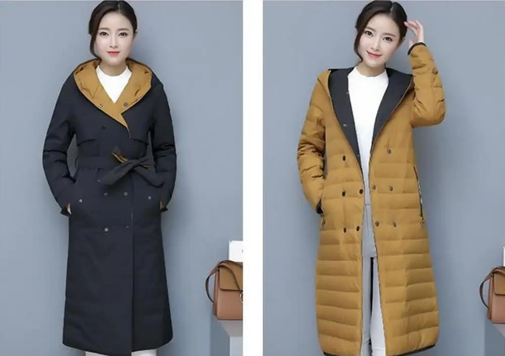Black and yellow Новинка, зимние пальто для женщин, двухсторонний, с капюшоном, тонкий светильник, пуховик, 90% утиный пух, пальто для женщин, теплая длинная парка, верхняя одежда - Цвет: Black and yellow