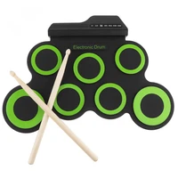 portable electronic digital usb 7 pads roll up drum set silicone green electric drum kit with drumsticks and sustain pedal