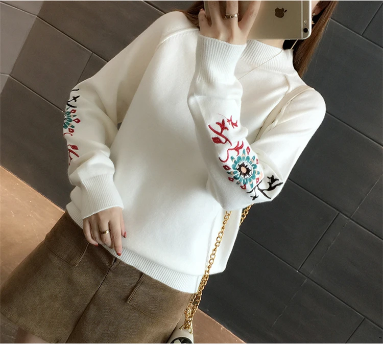 2021 Autumn Winter Floral Embroidery Knitted Sweater Women Pull Femme jersey jumper Tops sweaters and pullovers | Женская одежда