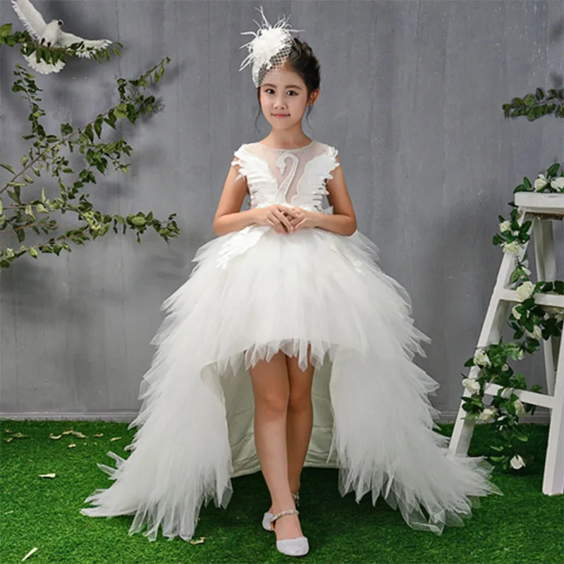 Luxury Long Trailing Flower Girl Dresses Beading Ball Gown Kids Pageant Dress Birthday Stunning Swan Feather Princess B106 | Детская