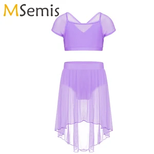 Детское балетное платье для девочек, гимнастический купальник для танцев, короткий топ с сетчатой юбкой, комплект одежды для балета с рукавами-крылышками