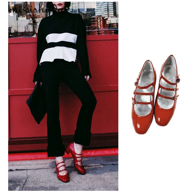 2017 г. модные женские босоножки на среднем каблуке с пряжкой и ремешком красные