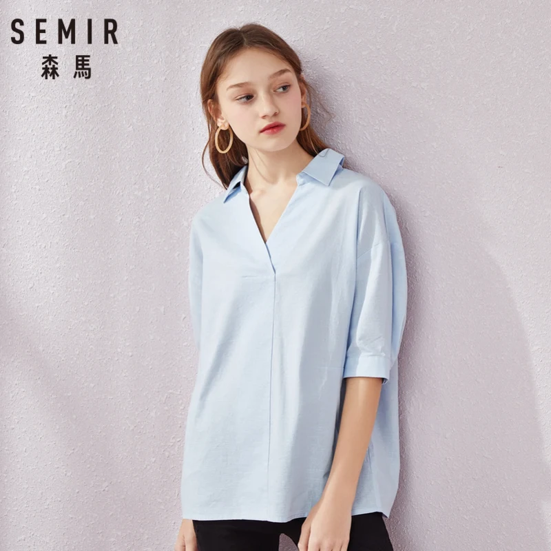 Женская рубашка с коротким рукавом SEMIR белая однотонная отложным воротником и v