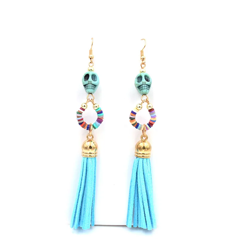 Длинные серьги кисточки WELLMORE 3 цвета синие/розовые/бежевые модные с черепом для