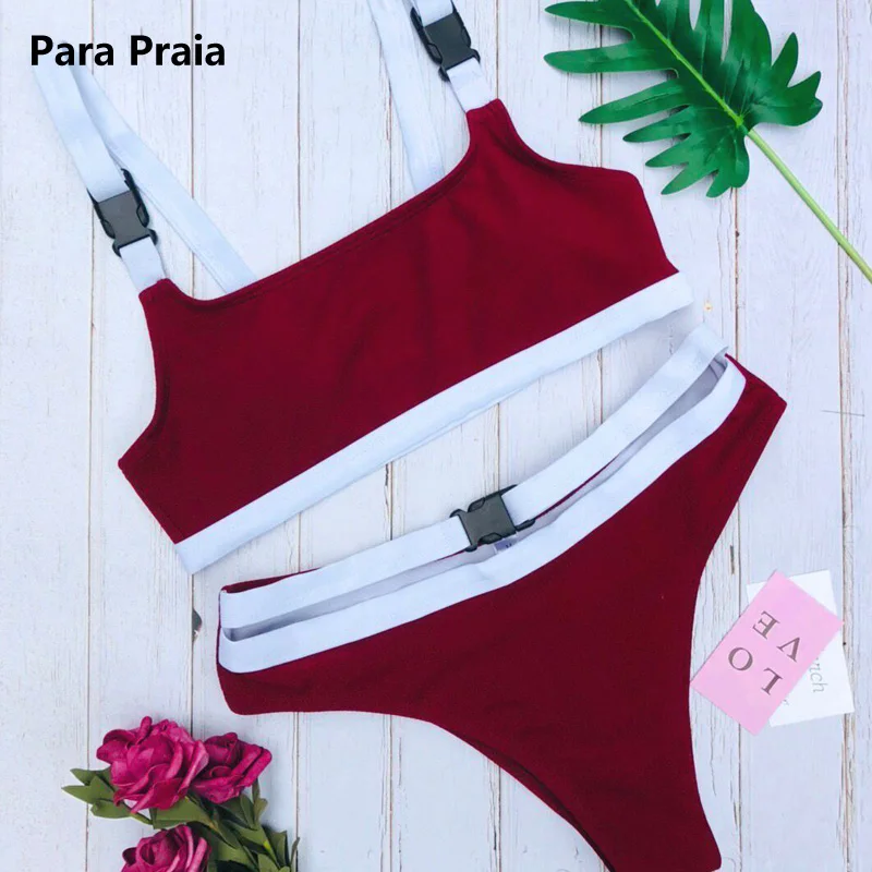 Halter Bandeau Swimwear Belt Buckle Bikini Set Women Swimsuit Sport Sexy Bathing Suit High Cut Swimwear Thong Swim Wear