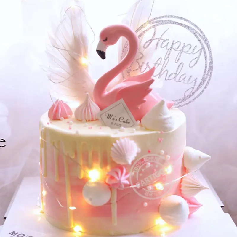 1pcs pink flamingo cake topper Happy Birthday Cake Decoration Flamingo Party Decor wedding deco BabyShower summer party supplies