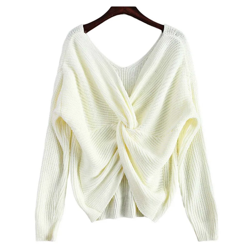 Autumn Winter Women Jumpers 2019 Sexy V Neck Twisted Back Sweater Female Long Sleeve Pullovers Knitted Loose Ladies Tops | Женская