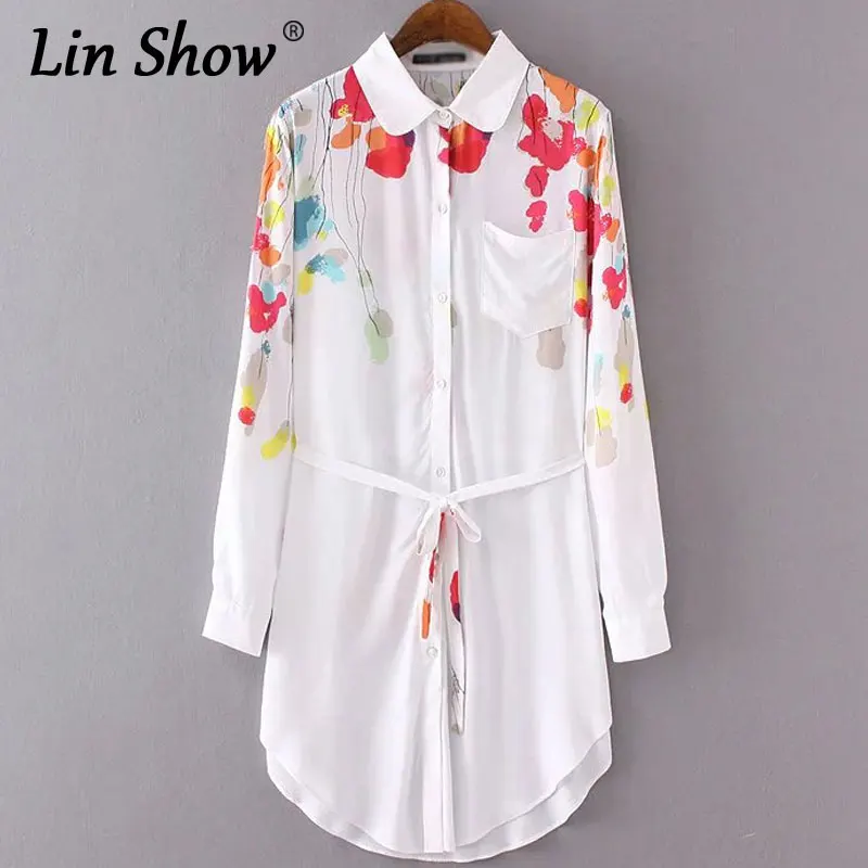 LINSHOW Цветочный Принт Женщины Mini Dress Летом С Длинным Рукавом Нагрудные Хлопок