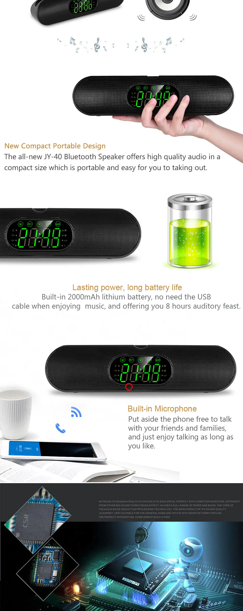 XGODY JY40 Беспроводная портативная bluetooth-колонка с сенсорным экраном Aux-In Колонка плеер с tf-картой fm-радио Саундбар для ПК телефона