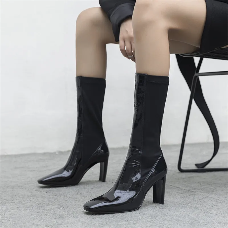 

Meotina Winter Mid-Calf Boots Women Natural Genuine Leather Thick High Heel Boots Stretch Square Toe Shoes Female Autumn Size 39