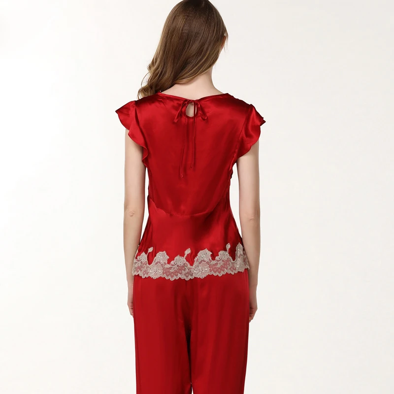 Summer Sexy Red lace 100% silk pajama sets womens short sleeve solid color elegant v-neck women noble sleepwear