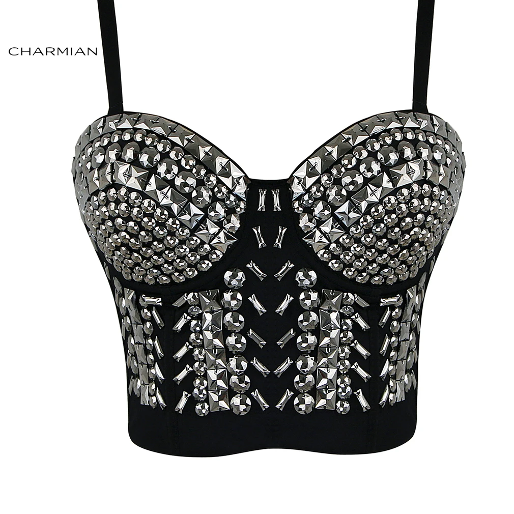 

Charmian Women's Sexy Punk Sliver Rivet Bra Crop Top Burlesque Dance Clubwear Body Shapewear Cincher Corsets and Bustiers