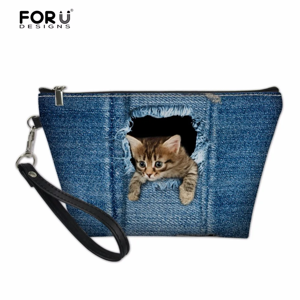 FORUDESIGNS/Косметические Сумки для девушек 3D из джинсовой ткани с изображением кошки