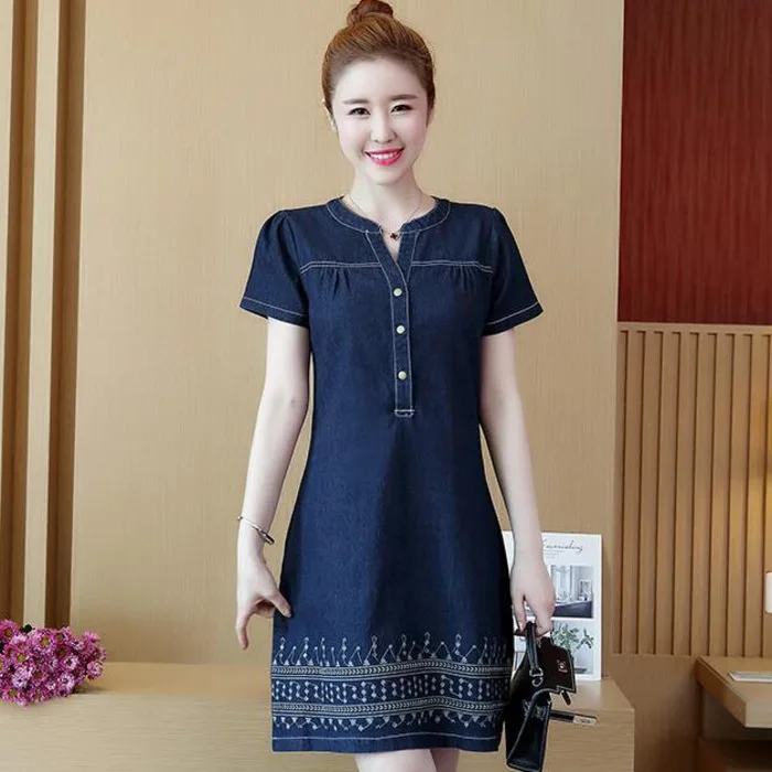 

#2702 Summer Korean Denim Dresses For Women Embroidery Thin Short Sleeve Fashion Elegant Jeans Dresses Female
