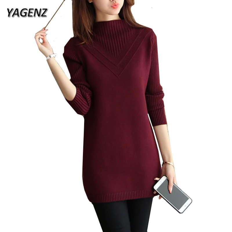 2021 Autumn Winter Women Long-sleeved Knit Sweater Warm Slim Turtleneck Solid color Pullover Shirt Medium long Lady | Женская одежда