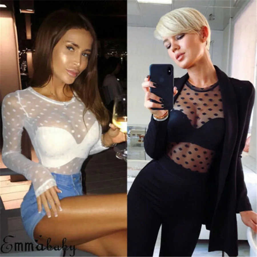 Новинка 2019 модный сексуальный женский топ в горошек с длинным рукавом прозрачная