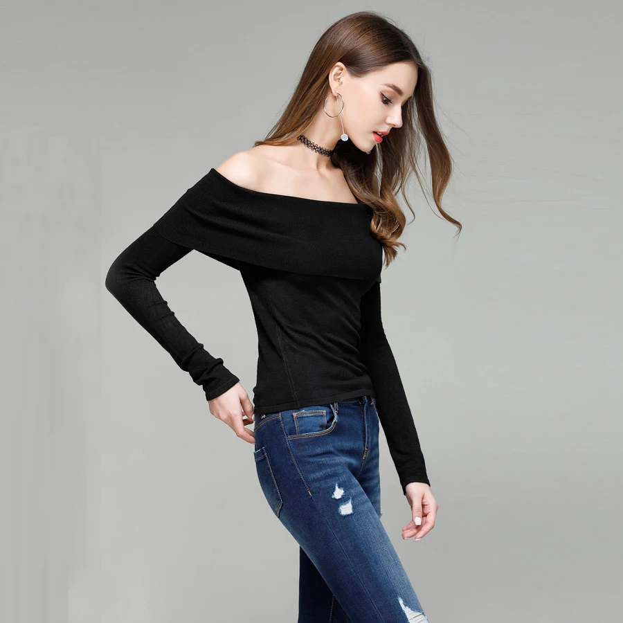 LERFEY Off Shoulder Elastic Autumn Knitted Sweater Women Short Black Lapel Pullover Sexy Jumpers Winter Slash Neck Knitwear Tops | Женская