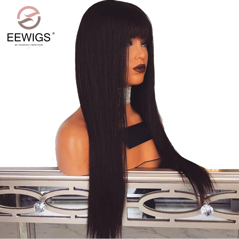 EEWIGS натуральные черные длинные прямые парики с полной челкой 24 дюймов