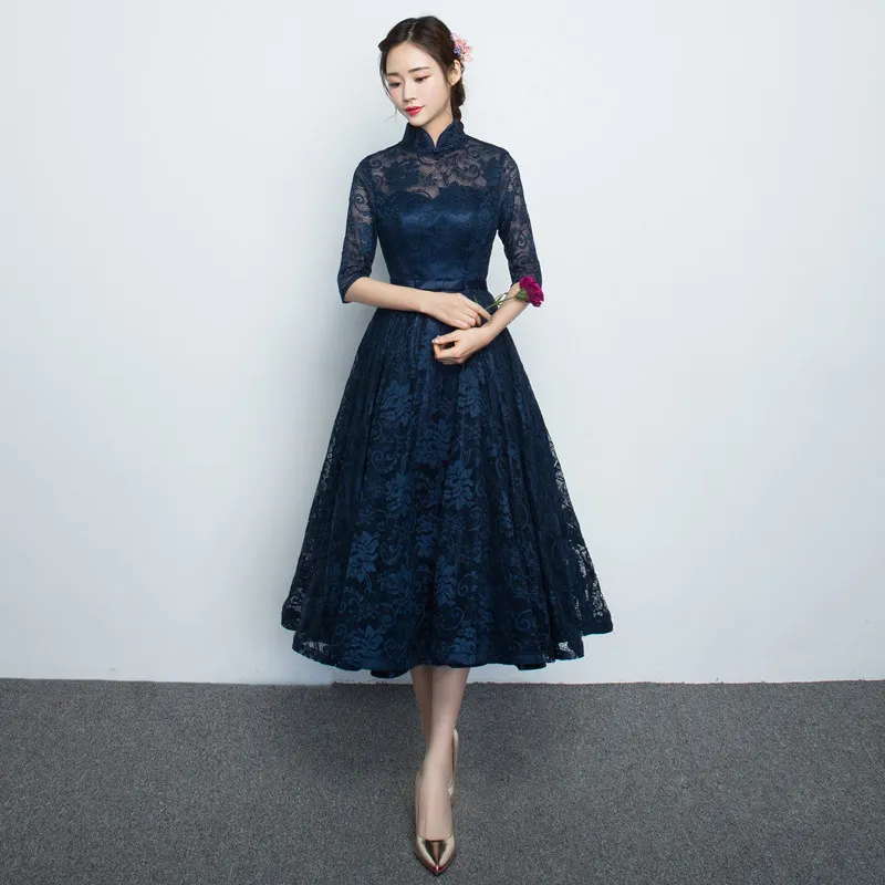 blue Шампанское невесты кружево платье Qipao женские вечерние платья Винтаж Cheongsam для женщин короткие современные - Цвет: blue