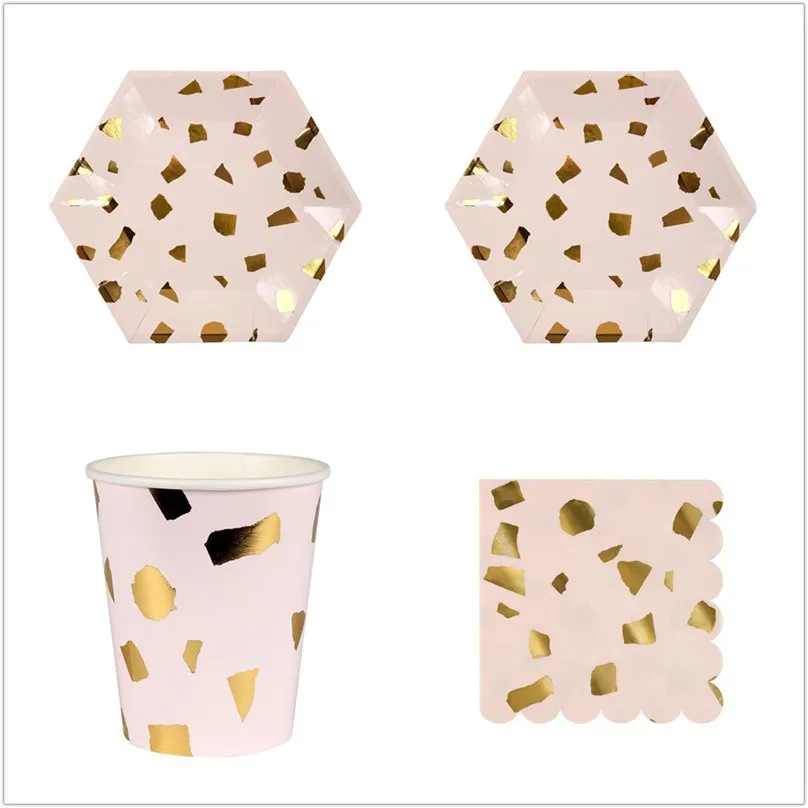 Розовая одноразовая посуда из золотой фольги тарелки для детской вечеринки на