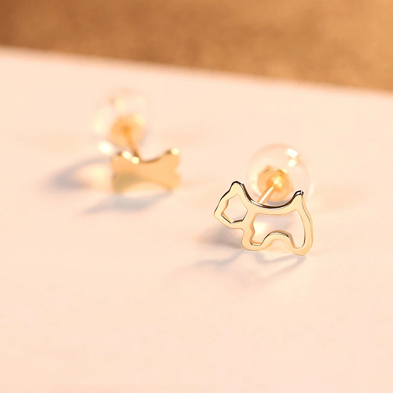 Новая мода 14k золотые серьги гвоздики с милыми животными собака &amp костяные