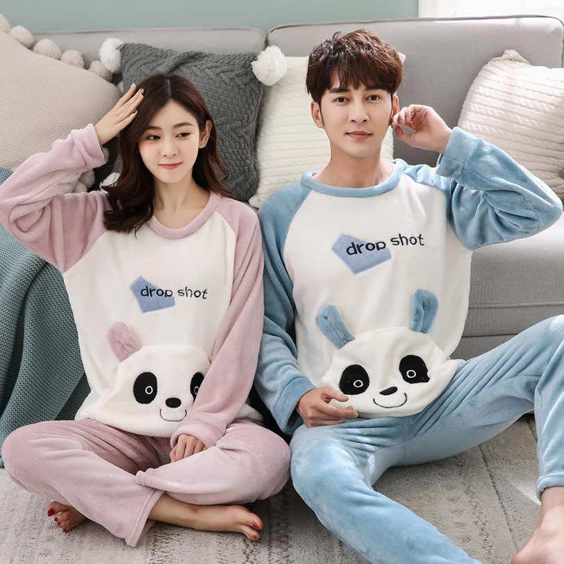 2019 Winter Couples Thick Warm Flannel Pajama Sets For Women Long Sleeve Coral Velvet Pyjama Men Cute Cartoon Sleepwear Homewear | Женская