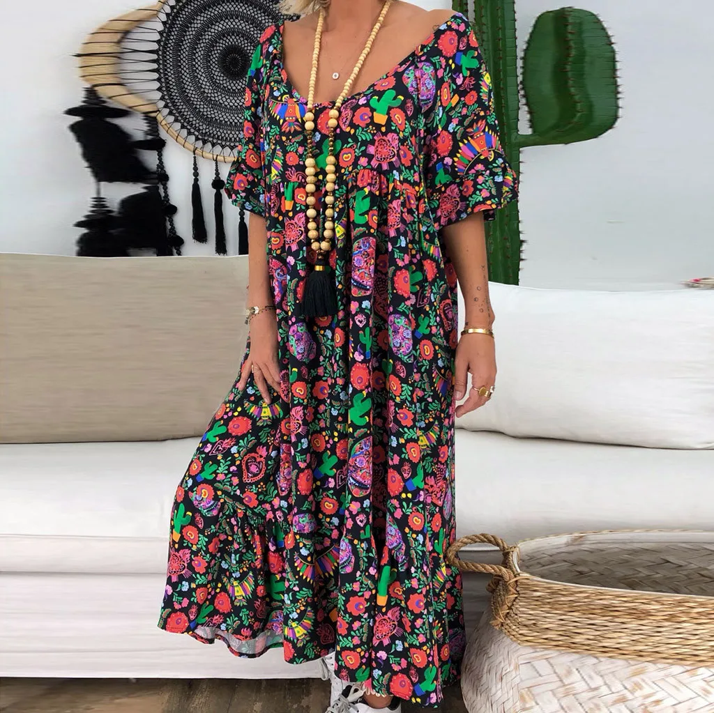 Женское платье с v-образным вырезом свободное макси коротким рукавом и принтом