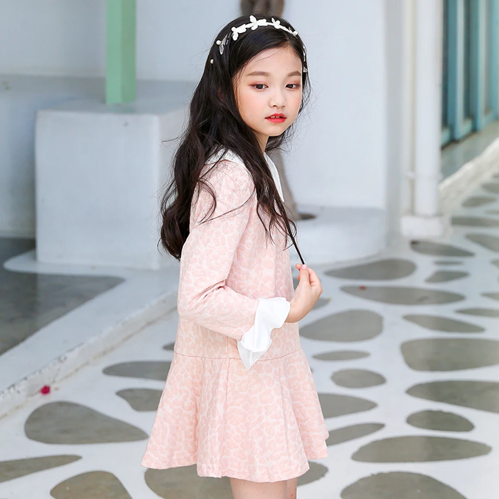 B-B18024 New Fashion Spring Girls Casual Dresses Early Summer Long Sleeve Princess Dress 5-13T Teenager Kids Solid color | Детская