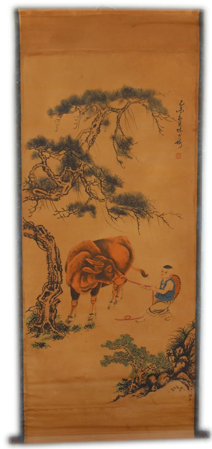 Редкая ручная роспись QingDyansty китайские вертикальные оси картины, пастбище крупного рогатого скота, ручная роспись, бесплатная доставка Редкая ручная роспись QingDyansty китайские вертикальные оси картины, пастбище крупного рогатого скота, ручная роспись, бесплатная доставка