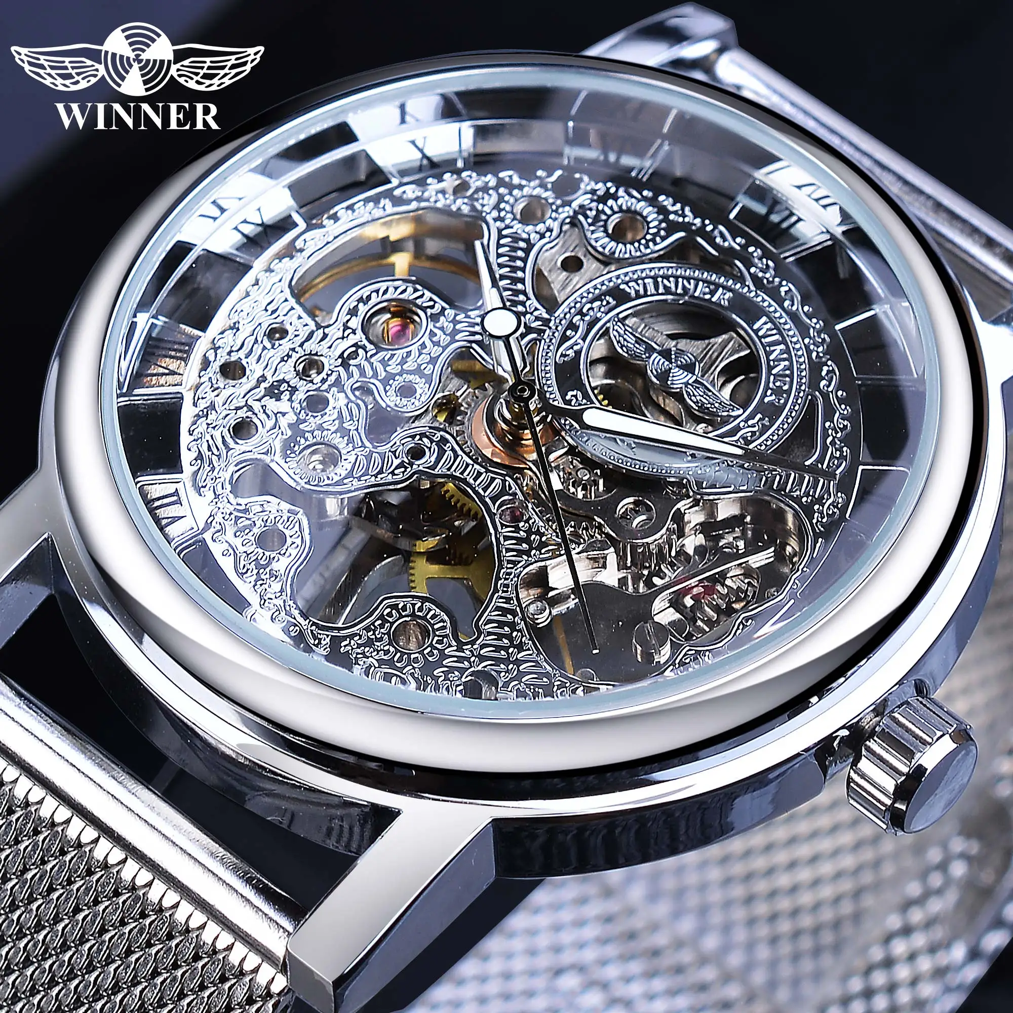 

Winner 2019 New Arrival Men Mechanical Watch Mesh Band Stainless Steel Analog Wristwatch Minimalist Business Luxury Silver Clock
