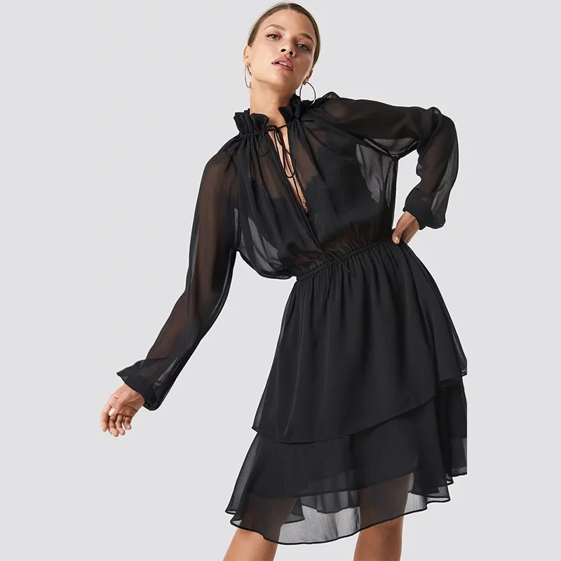 2019 New summer Fashion Sexy Ladies Cascading Ruffle Chiffon Dresses Office Loose Long Sleeve Knee Length Elegant Dress | Женская одежда