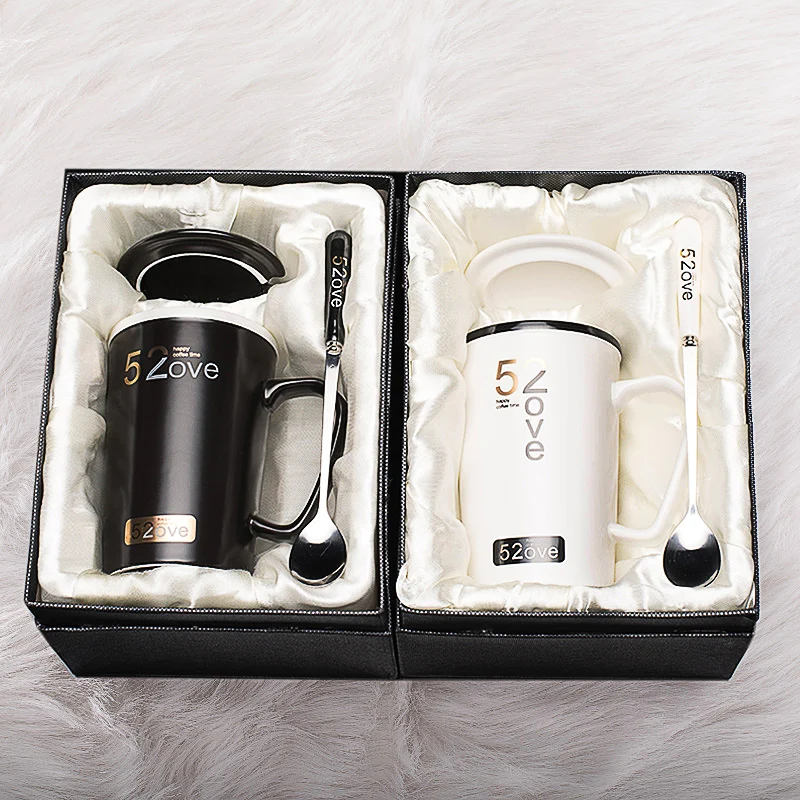 ULKNN Novelty Creative Ceramic Mugs Coffee Milk Cup With Lid Spoon Gift Box Lover Couples Birthday Nice Gifts Drinkwar | Дом и сад