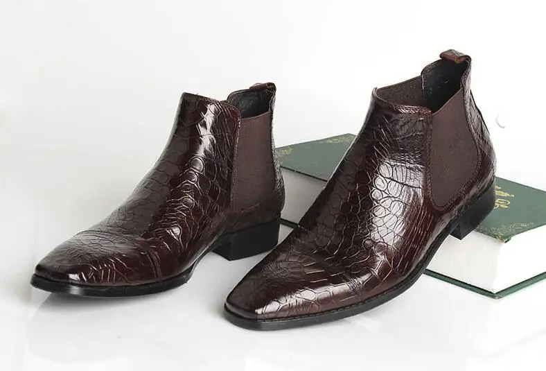 

Men's Boots Slip On Genuine Leather High Top Casual Shoes Elastic Band Slip On Alligator Pattern Med Heel Breathable Dress Boots