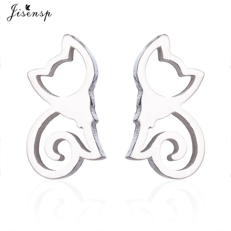 earrings silver Jisensp классические асимметричные серьги-гвоздики с животными для девочек с милым рисунком кота и мышки, детские ювелирные изделия, подарок - Окраска металла: earrings silver