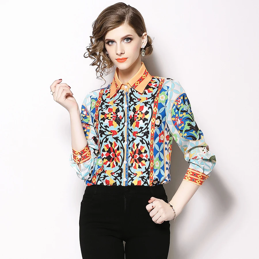 Женские топы и блузки высокого качества с длинным рукавом принтом в стиле ретро